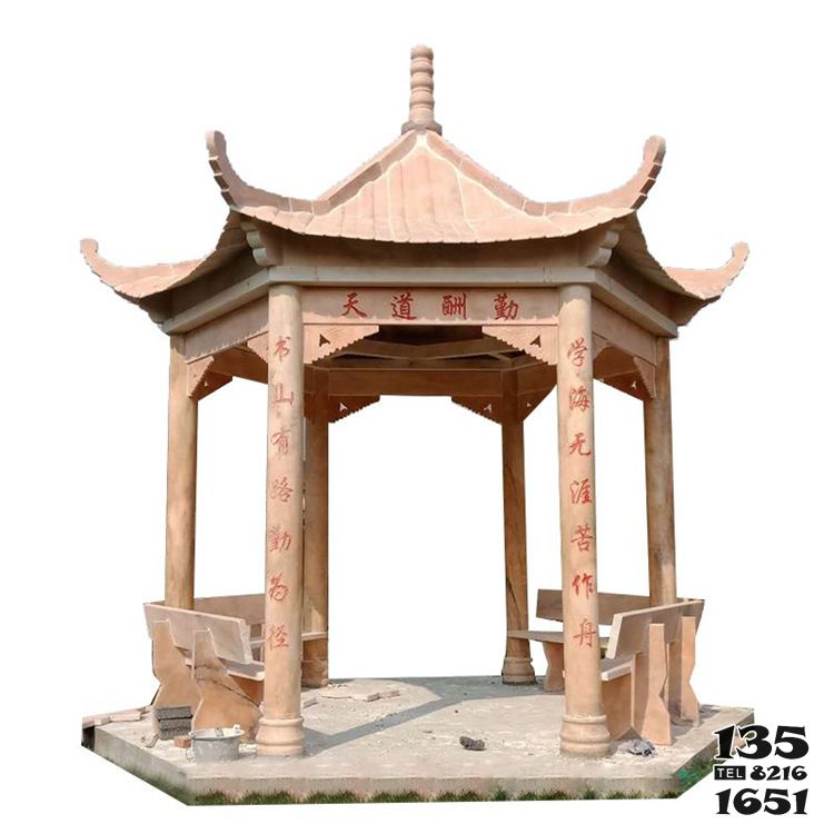 涼亭雕塑-飯店戶外景觀擺放晚霞紅六角涼亭雕塑 涼亭雕塑-飯店戶外景觀擺放晚霞紅六角涼亭雕塑高清圖片