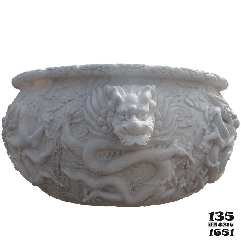 缸雕塑-漢白玉石雕荷花魚缸家居擺件浮雕龍缸雕塑 缸雕塑-漢白玉石雕荷花魚缸家居擺件浮雕龍缸雕塑高清圖片