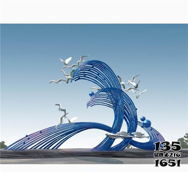 海浪浪花雕塑-海邊擺放飛翔的海鷗藍色不銹鋼海浪浪花雕塑 海浪浪花雕塑-海邊擺放飛翔的海鷗藍色不銹鋼海浪浪花雕塑高清圖片