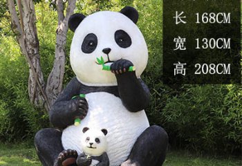 熊貓雕塑-園林海邊草坪擺放一大一小坐地吃竹玻璃鋼熊貓雕塑