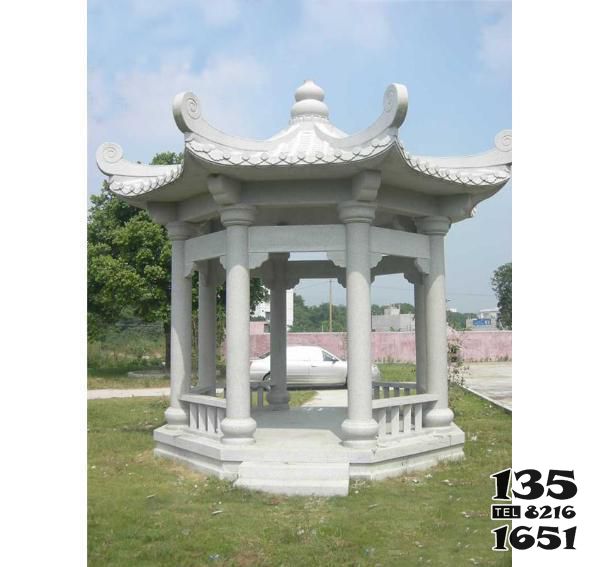 涼亭雕塑-學校草坪擺放大理石六角仿古涼亭 涼亭雕塑-學校草坪擺放大理石六角仿古涼亭高清圖片