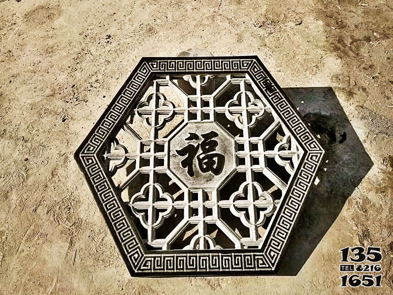 花窗雕塑-鏤空六棱福字青石浮雕窗花 花窗雕塑-鏤空六棱福字青石浮雕窗花高清圖片