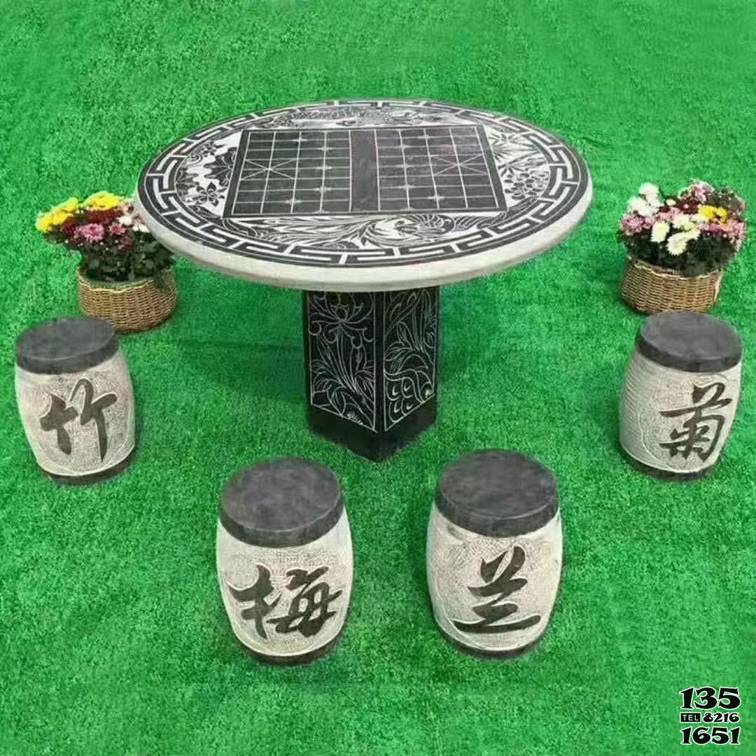 石桌雕塑-公園休閑棋牌雕刻大理石黑梅蘭菊竹座椅 石桌雕塑-公園休閑棋牌雕刻大理石黑梅蘭菊竹座椅高清圖片