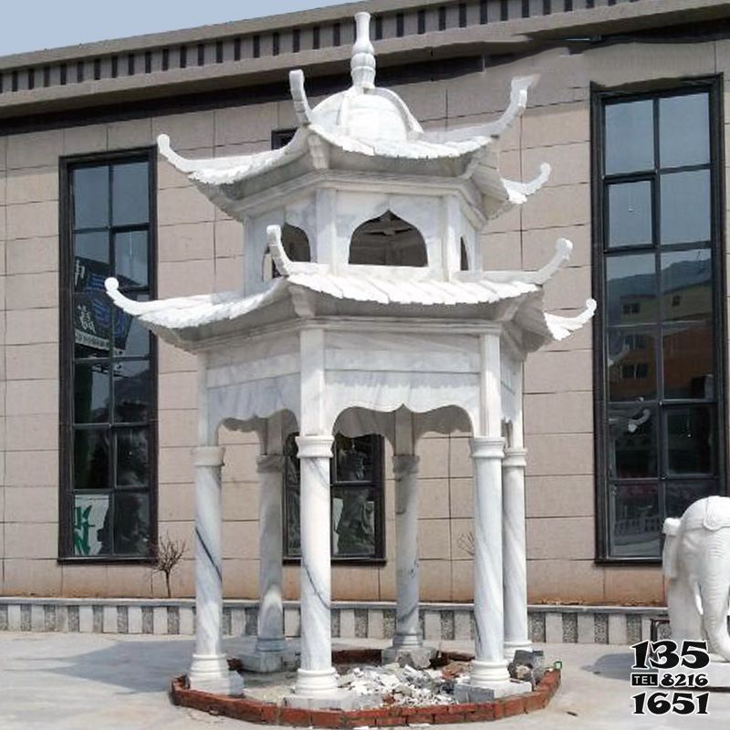 涼亭雕塑-庭院家用雙層六柱大理石涼亭雕塑 涼亭雕塑-庭院家用雙層六柱大理石涼亭雕塑高清圖片
