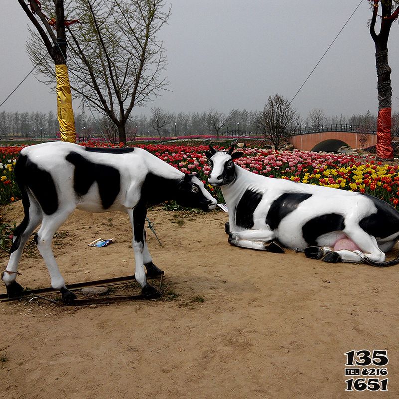牛雕塑-花園中兩只玻璃鋼黑白牛雕塑 牛雕塑-花園中兩只玻璃鋼黑白牛雕塑高清圖片