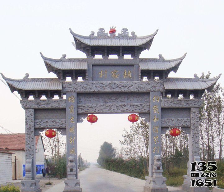 牌坊雕塑-青石浮雕三門五樓鄉村牌坊雕塑擺件 牌坊雕塑-青石浮雕三門五樓鄉村牌坊雕塑擺件高清圖片