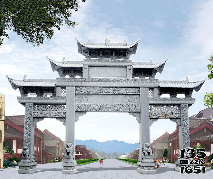 牌坊雕塑-大型青石三門五樓景區道路鏤空石牌坊石雕 牌坊雕塑-大型青石三門五樓景區道路鏤空石牌坊石雕高清圖片