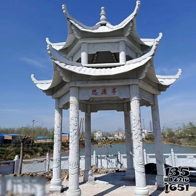 涼亭雕塑-城市河道邊擺放雙層青石仿古涼亭景觀雕塑 涼亭雕塑-城市河道邊擺放雙層青石仿古涼亭景觀雕塑高清圖片