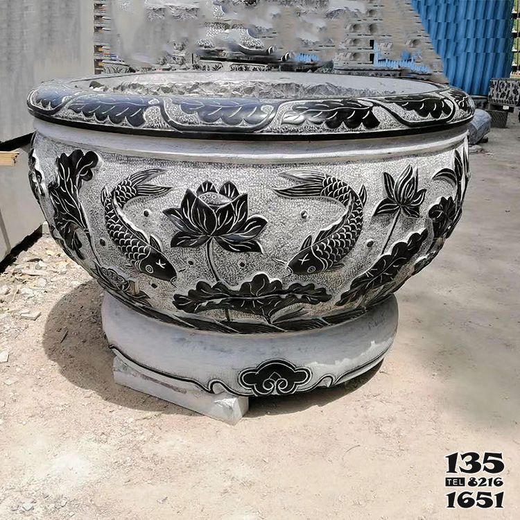 花盆雕塑-寺廟景區青石石雕浮雕雙魚養魚花盆雕塑 花盆雕塑-寺廟景區青石石雕浮雕雙魚養魚花盆雕塑高清圖片