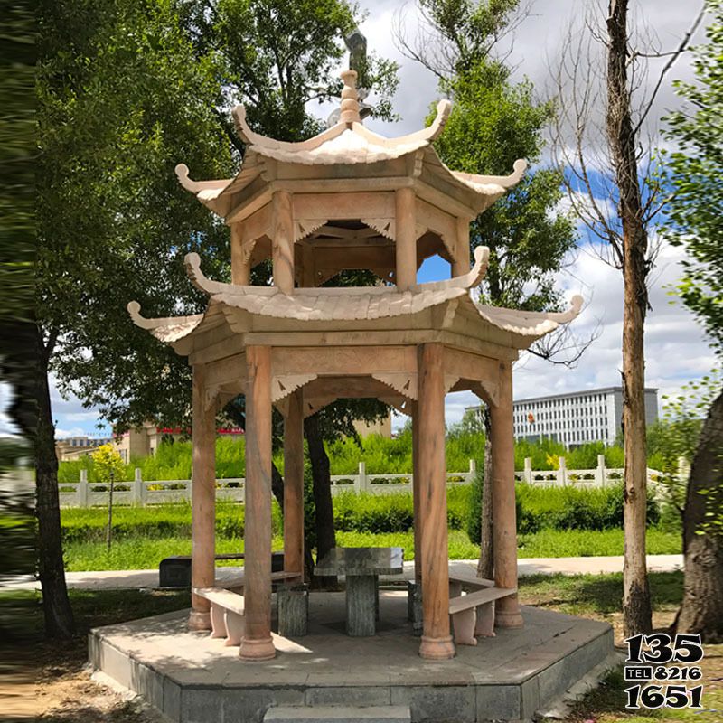 涼亭雕塑-城市公園擺放雙層大理石涼亭雕塑 涼亭雕塑-城市公園擺放雙層大理石涼亭雕塑高清圖片
