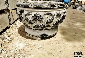缸雕塑-庭院大理石石雕浮雕鯉魚荷花戶外園林創意擺件缸雕塑