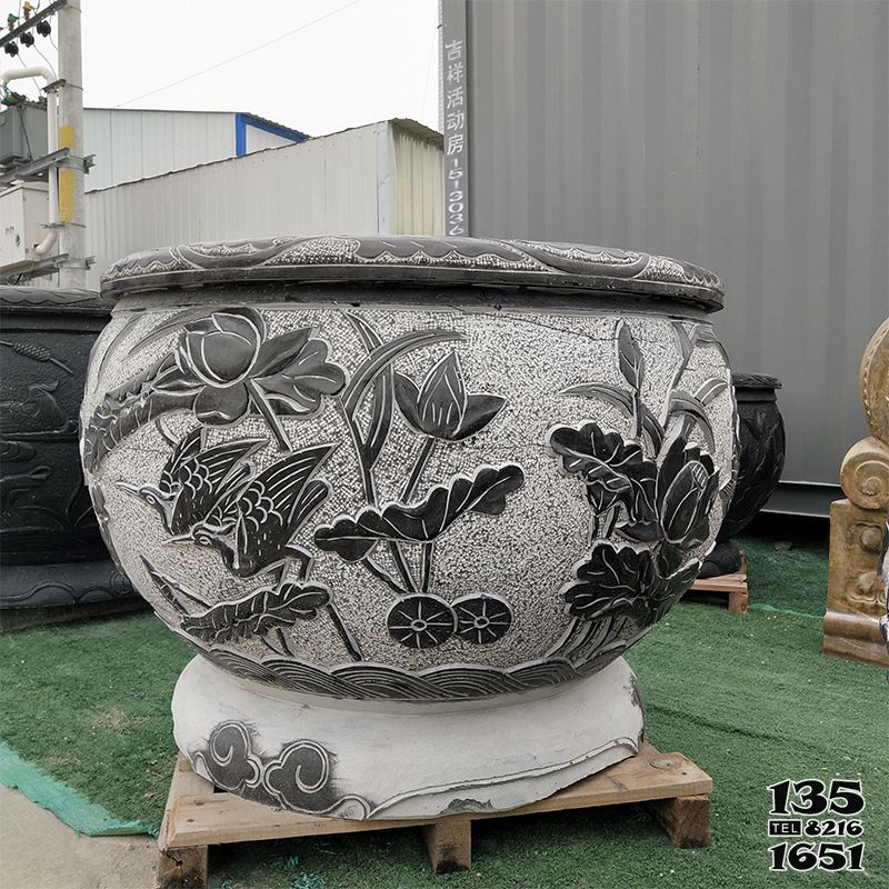 缸雕塑-青石仿古石雕園林庭院浮雕蓮花缸雕塑 缸雕塑-青石仿古石雕園林庭院浮雕蓮花缸雕塑高清圖片