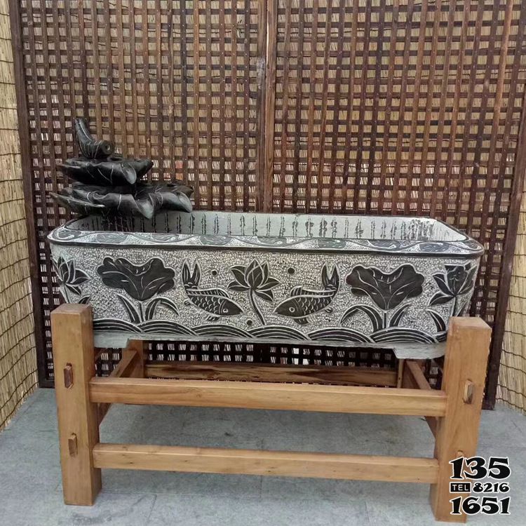 缸雕塑-庭院景觀擺件青石石雕荷花長方形缸雕塑 缸雕塑-庭院景觀擺件青石石雕荷花長方形缸雕塑高清圖片