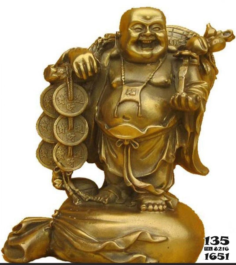 彌勒佛雕塑-戶外不銹鋼噴金烤漆扛著銅錢的彌勒佛雕塑 彌勒佛雕塑-戶外不銹鋼噴金烤漆扛著銅錢的彌勒佛雕塑高清圖片
