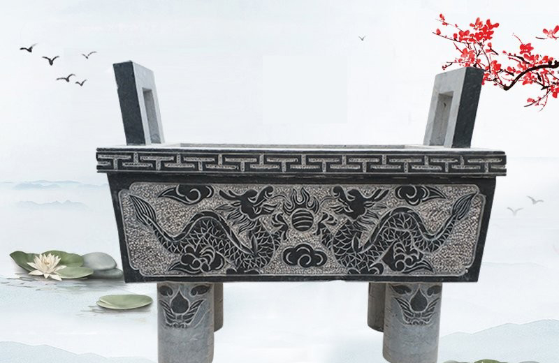 雙龍戲珠浮雕石香爐-寺廟青石四足香爐 雙龍戲珠浮雕石香爐-寺廟青石四足香爐高清圖片
