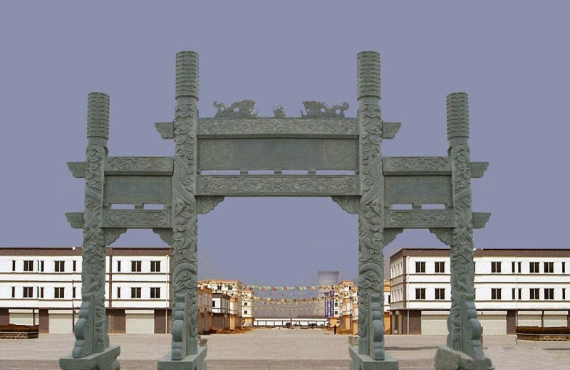 青石雙龍戲珠浮雕牌坊-三門牌坊石雕 青石雙龍戲珠浮雕牌坊-三門牌坊石雕高清圖片