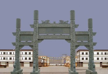  青石雙龍戲珠浮雕牌坊-三門牌坊石雕
