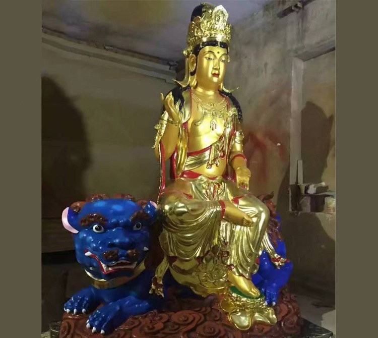 玻璃鋼貼金文殊菩薩雕塑-玻璃鋼乘獅子的文殊菩薩 玻璃鋼貼金文殊菩薩雕塑-玻璃鋼乘獅子的文殊菩薩