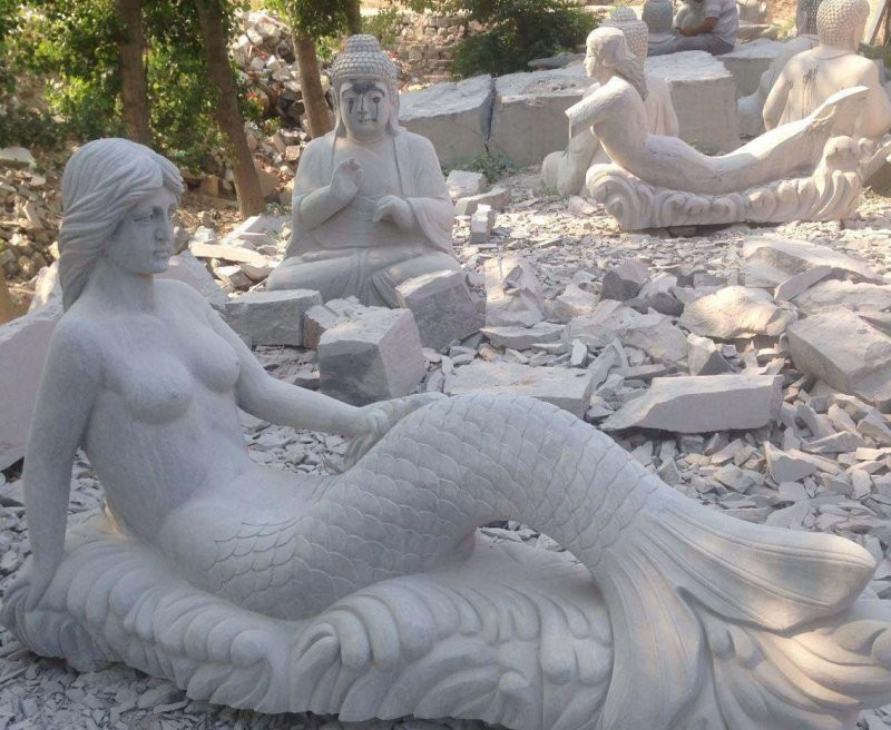 公園景區美人魚石雕-大理石美人魚雕塑